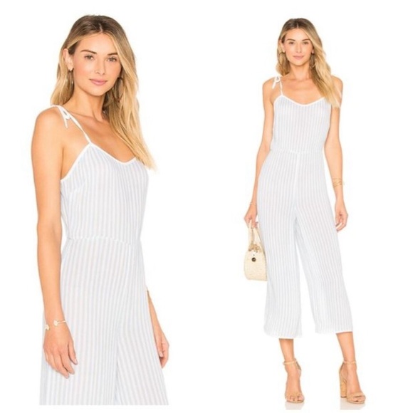 Tularosa Pants - Tularosa Jaqueline Striped Semi Sheer Wide Leg Jumpsuit Blue Stripe Size s